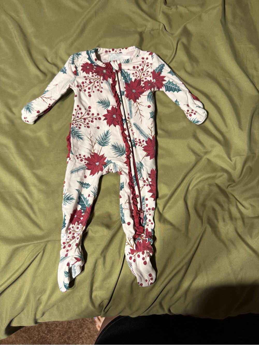 Ruffle Butts Cream Footed Pajamas with Red Floral & Green Pine Print
